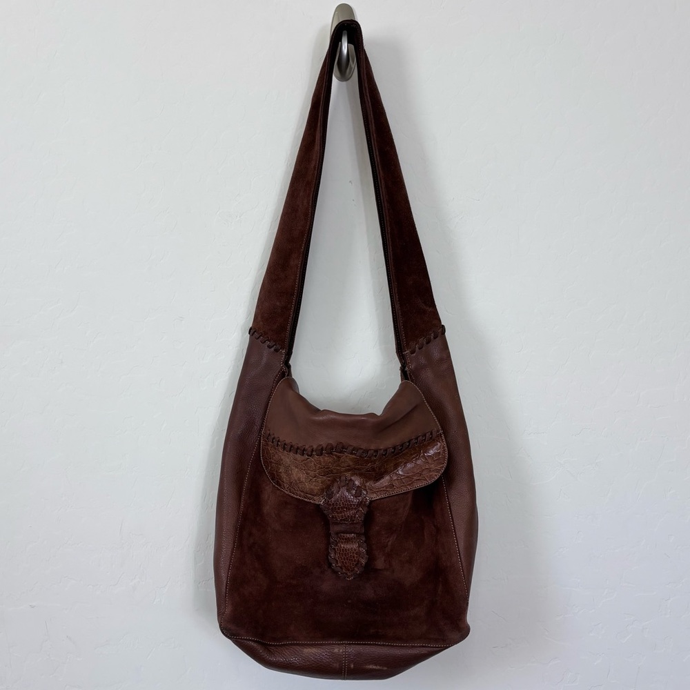 Maliparmi Brown Suede Leather Boho Shoulder Bag Thick Stitch